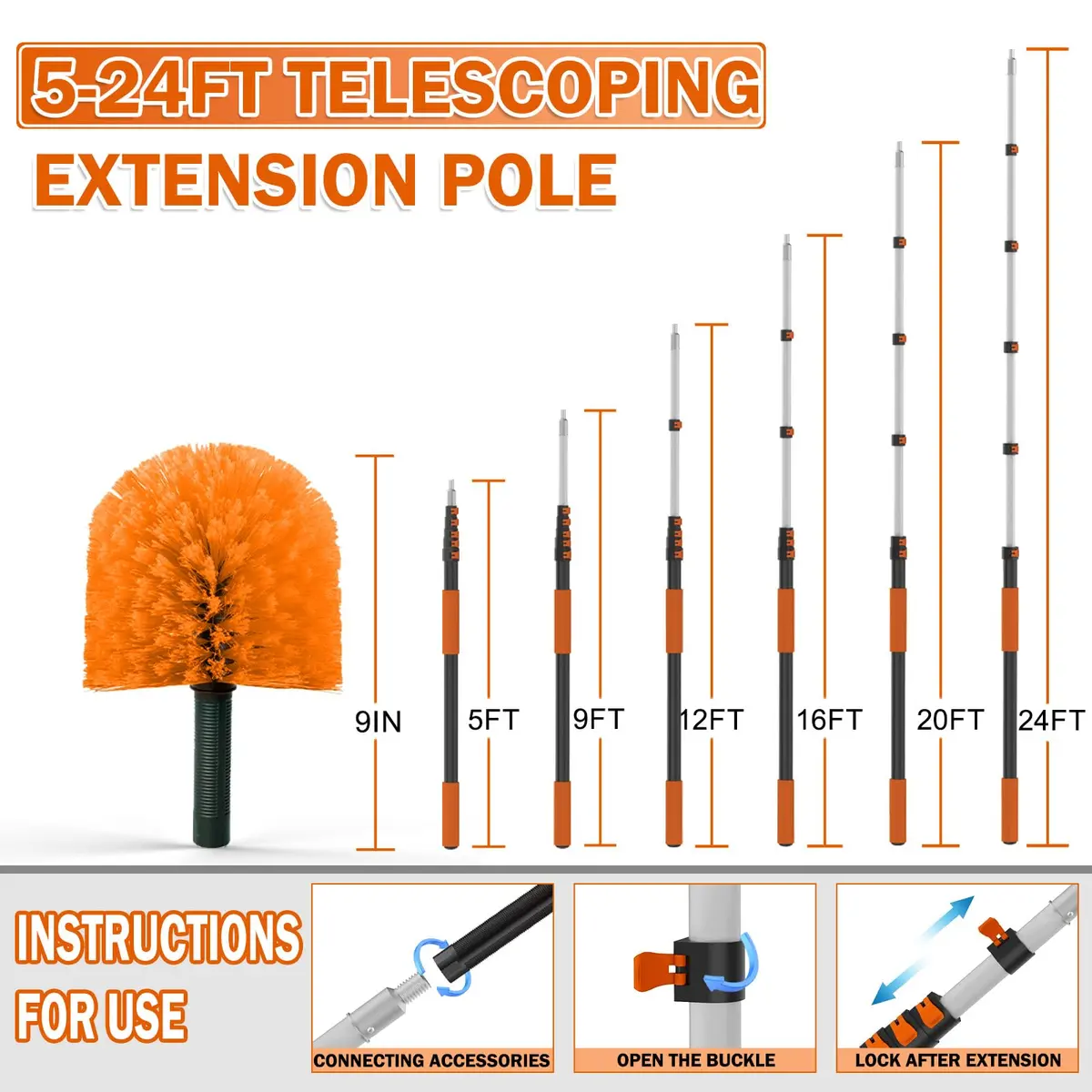 Buyplus Telescoping Cobweb Duster 24FT Extension Pole | Reaches Up To 30+ Feet - view 3