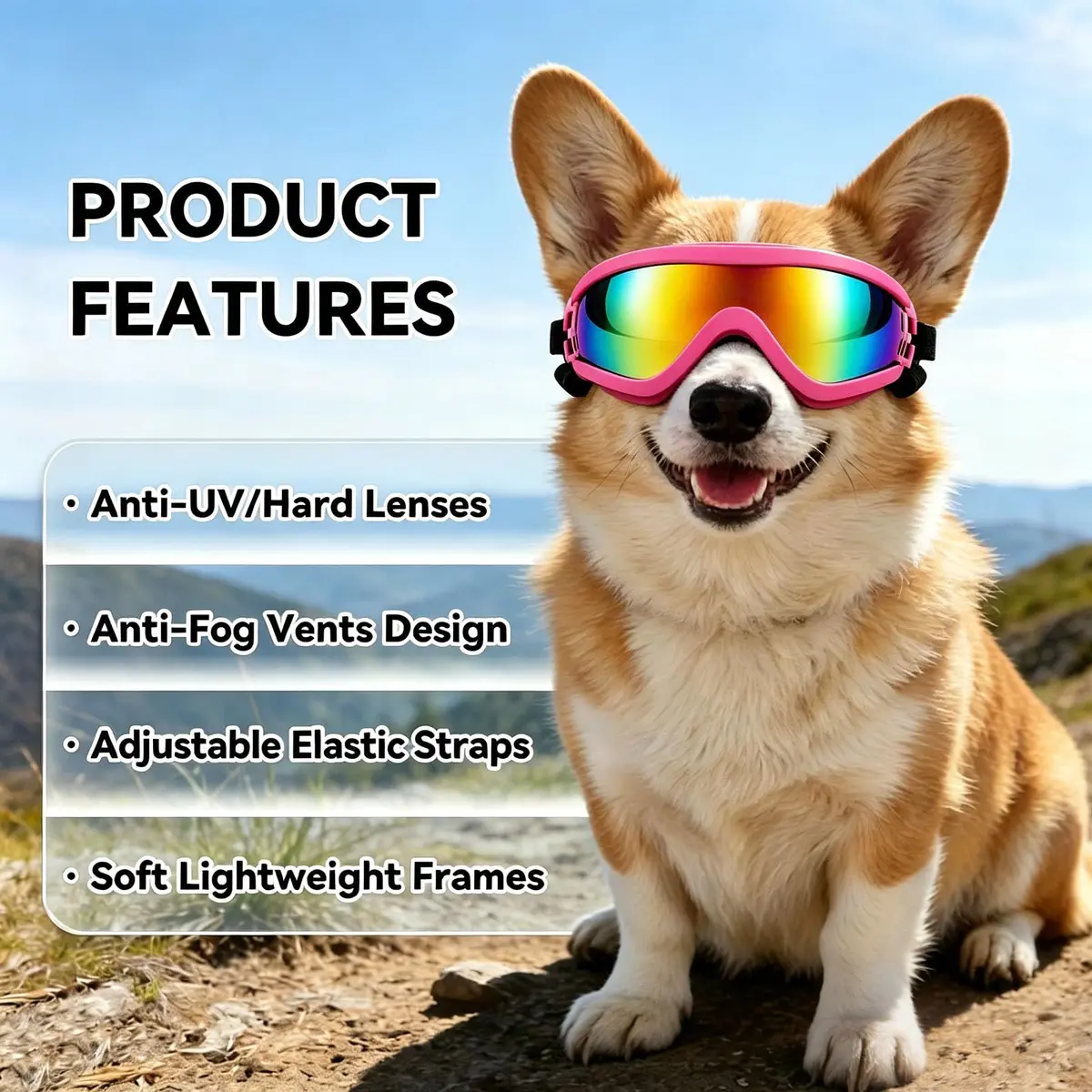 NAMSAN Dog Sunglasses for Medium Dogs, Anti-UV Dog Goggles Small Medium Breeds, Windproof Driving Dog Eye Protection, Pink (5 inches L x 2.5 inches W) - view 3