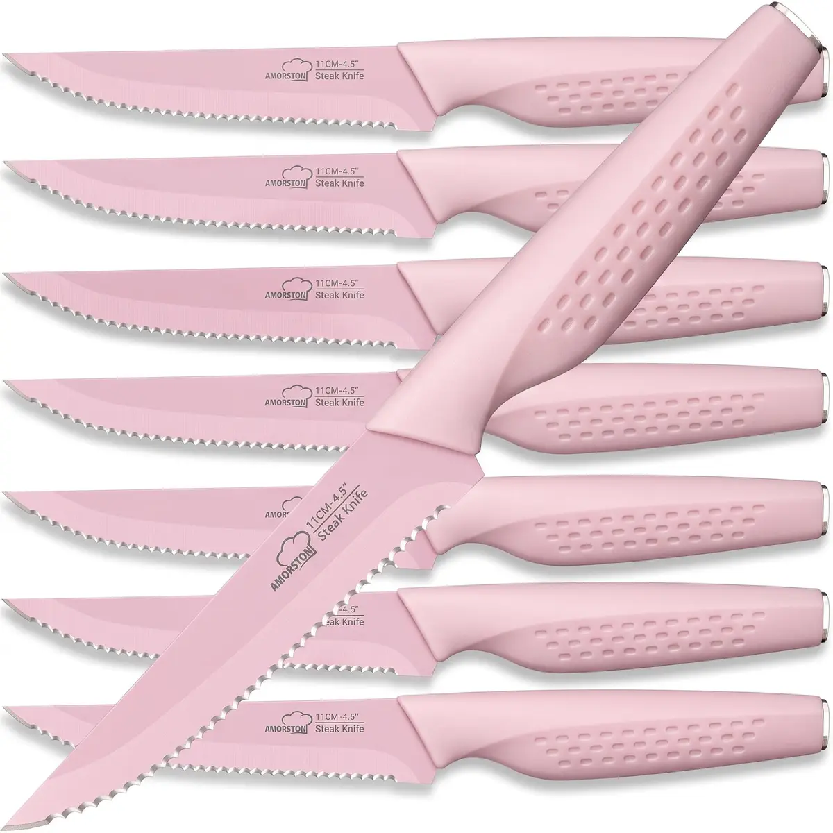 Amorston Steak Knives Set of 8 Pink Serrated Stainless Steel Knives | 8-Inch Blade, Dishwasher Safe - main product image