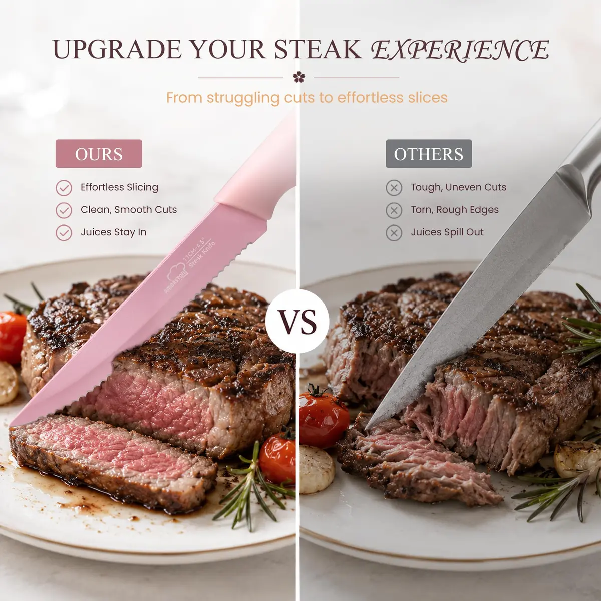 Amorston Steak Knives Set of 8 Pink Serrated Stainless Steel Knives | 8-Inch Blade, Dishwasher Safe - view 5