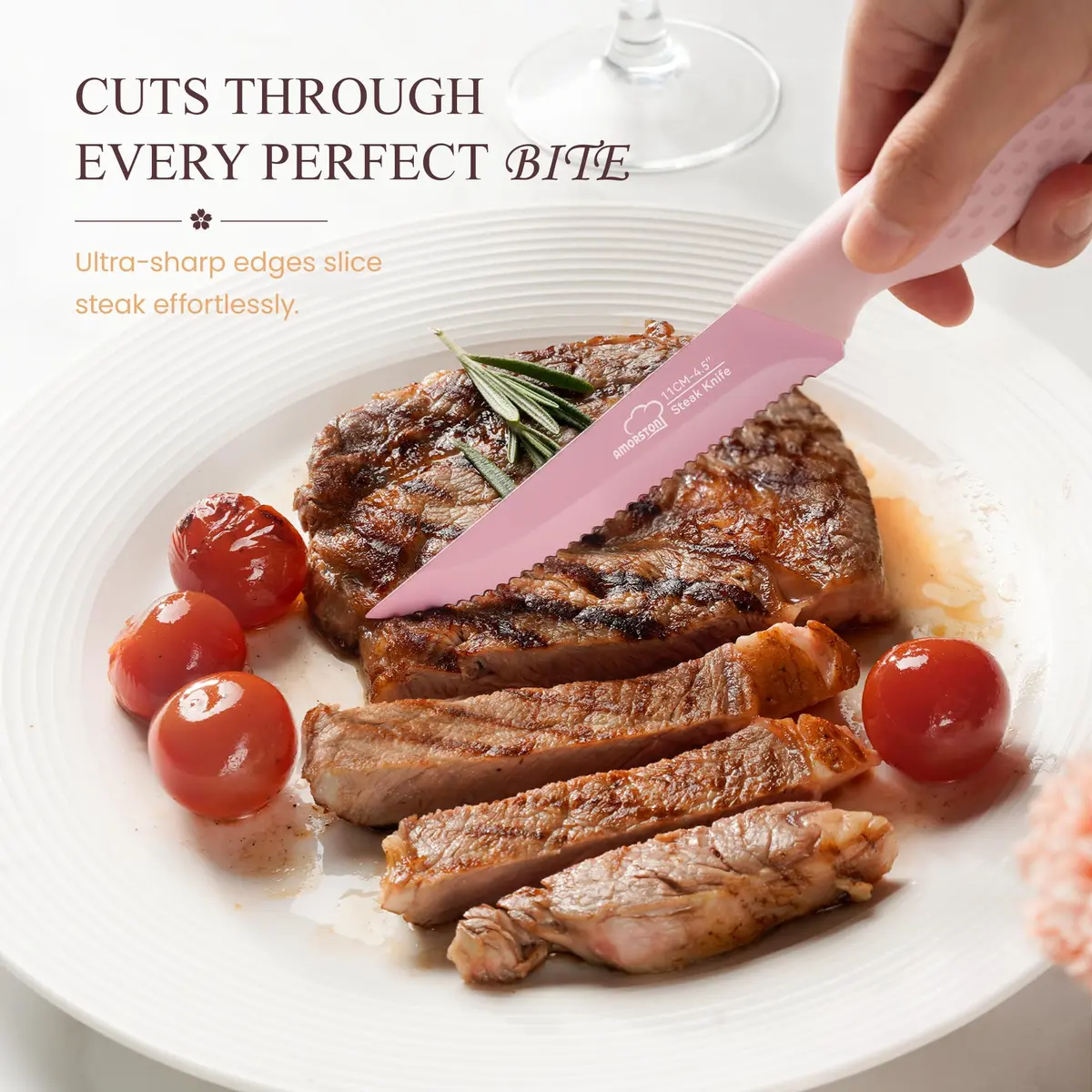 Amorston Steak Knives Set of 8 Pink Serrated Stainless Steel Knives | 8-Inch Blade, Dishwasher Safe - view 2