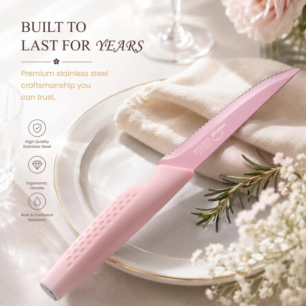 Amorston Steak Knives Set of 8 Pink Serrated Stainless Steel Knives | 8-Inch Blade, Dishwasher Safe - view 3