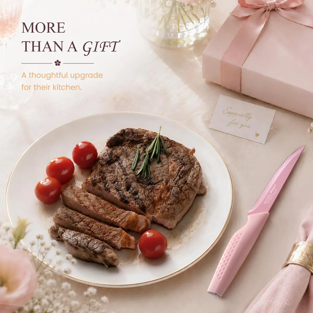 Amorston Steak Knives Set of 8 Pink Serrated Stainless Steel Knives | 8-Inch Blade, Dishwasher Safe - view 4