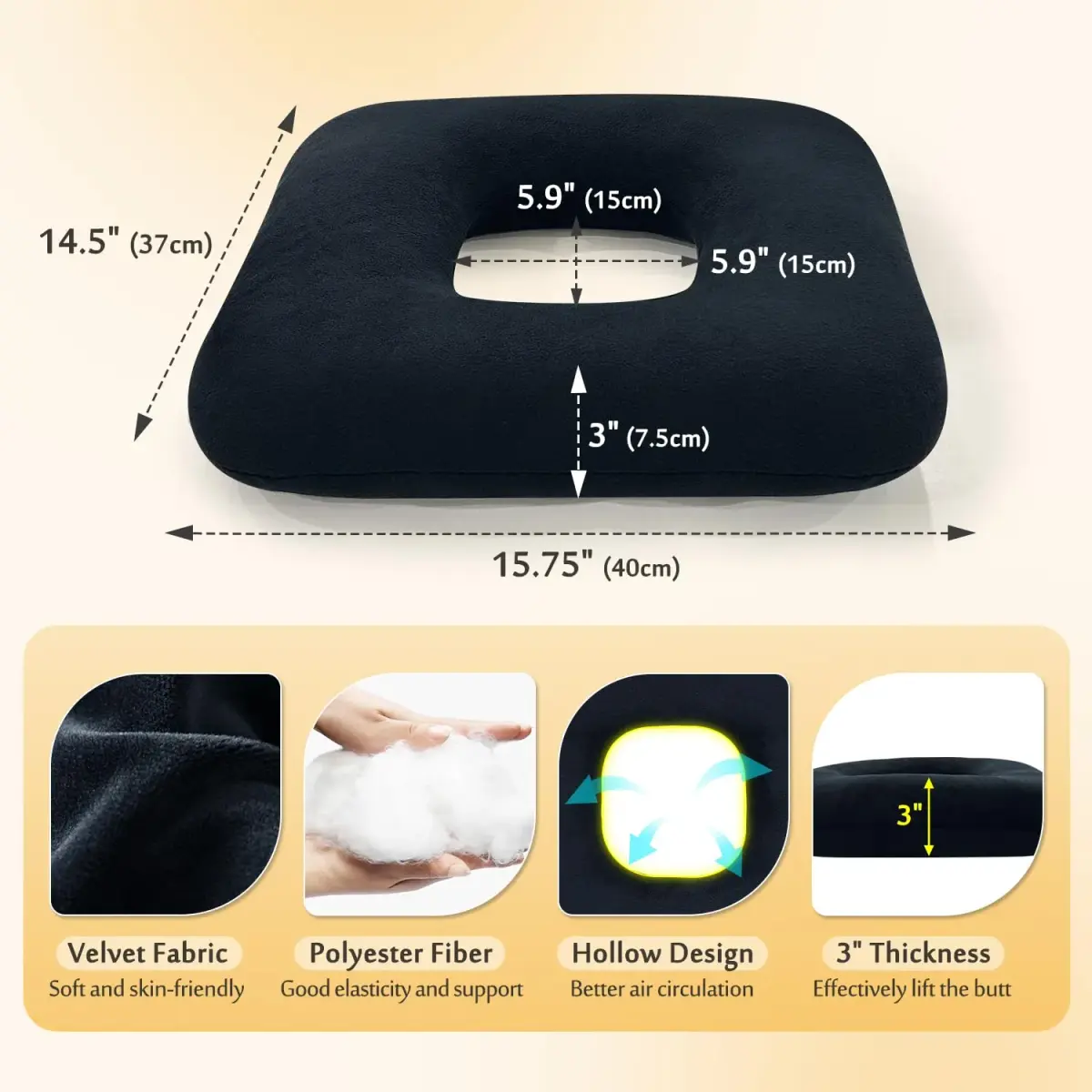 AOSSA Bed Sore Cushion for Butt Positioning Pillow, Pressure Ulcer Relief, 3-inch Thick Orthopedic Seat Wedge | 38cm x 36cm (15" x 14") - view 6