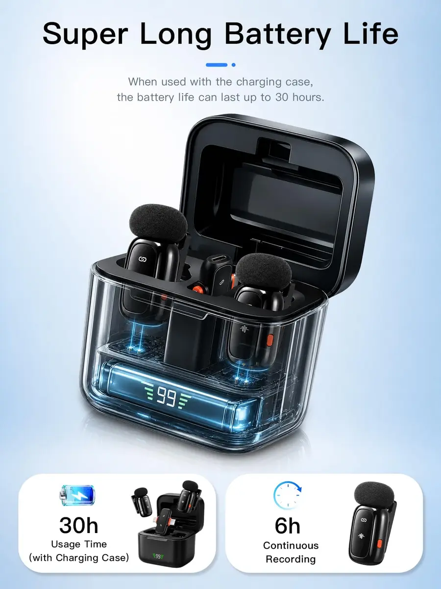 Amazpro Wireless Microphone for iPhone Android | Plug & Play, 30m Range, 30H Battery - view 5