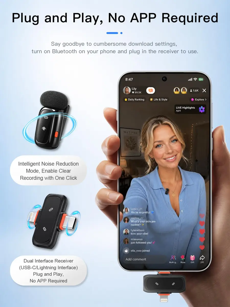 Amazpro Wireless Microphone for iPhone Android | Plug & Play, 30m Range, 30H Battery - view 6