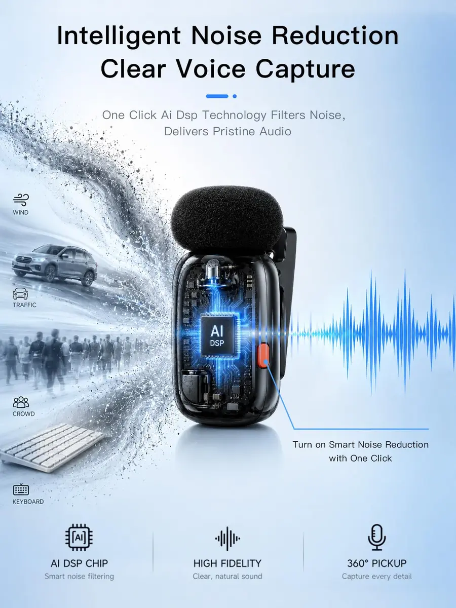 Amazpro Wireless Microphone for iPhone Android | Plug & Play, 30m Range, 30H Battery - view 3