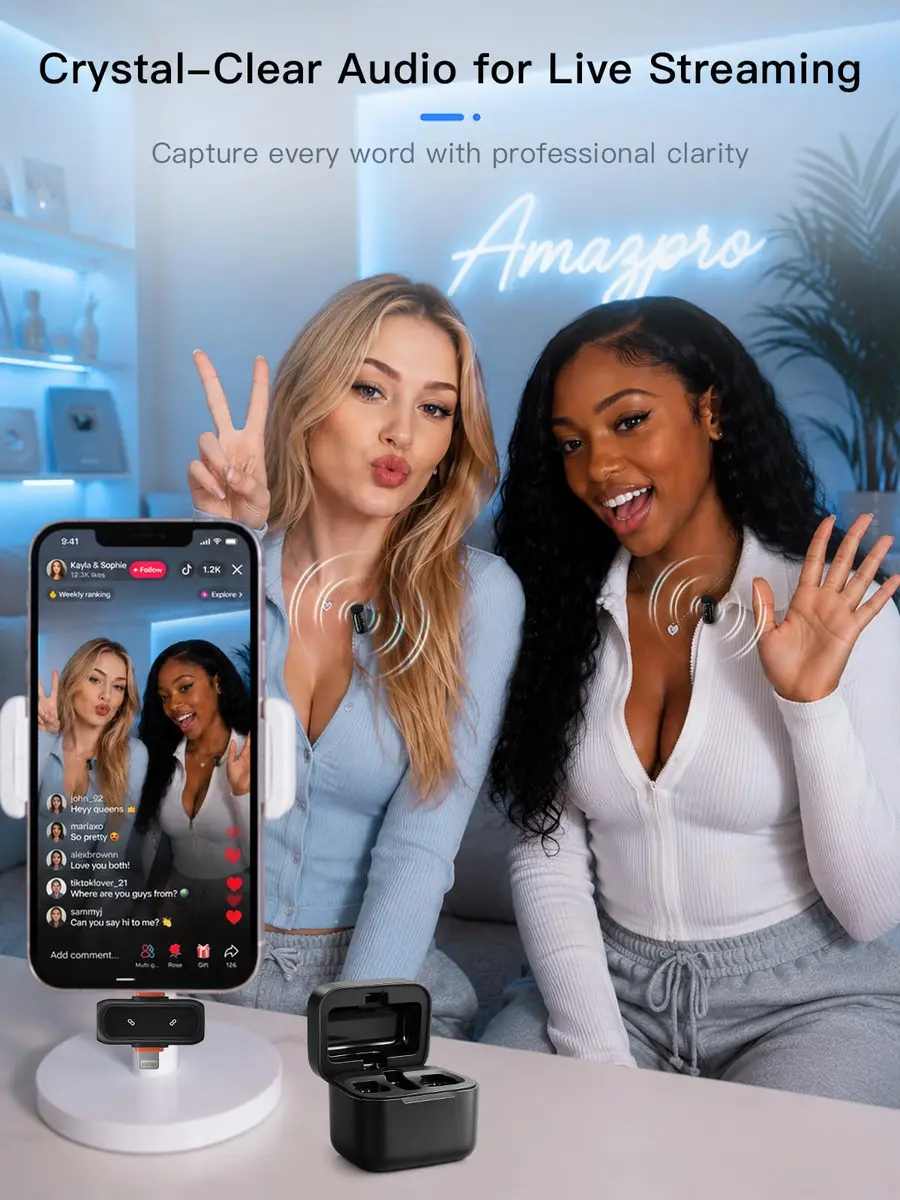 Amazpro Wireless Microphone for iPhone Android | Plug & Play, 30m Range, 30H Battery - view 4