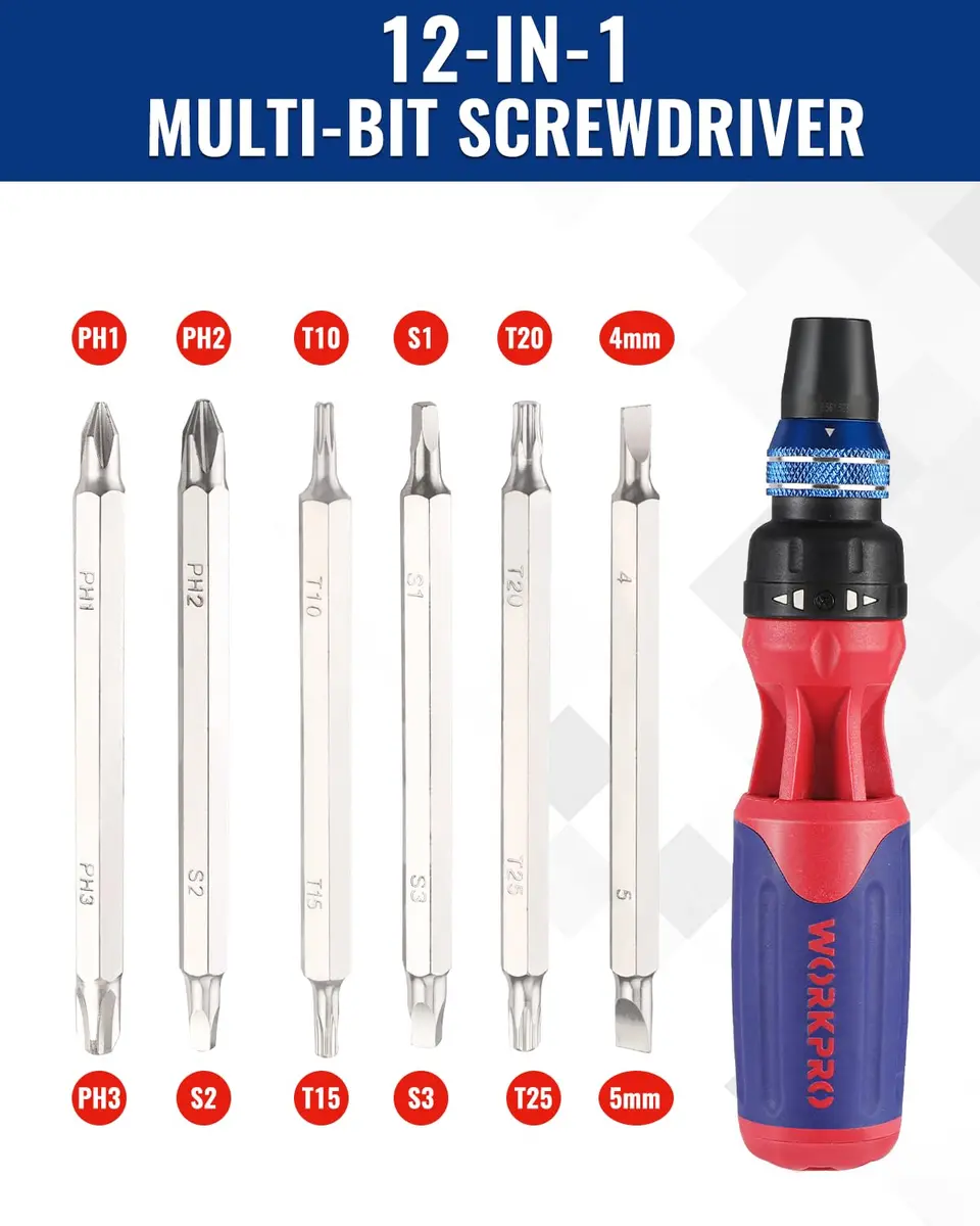WORKPRO 12-in-1 Ratcheting Multi-Bit Screwdriver Set | Quick-Load Mechanism, Ergonomic Handle, Pack of 2 - view 5