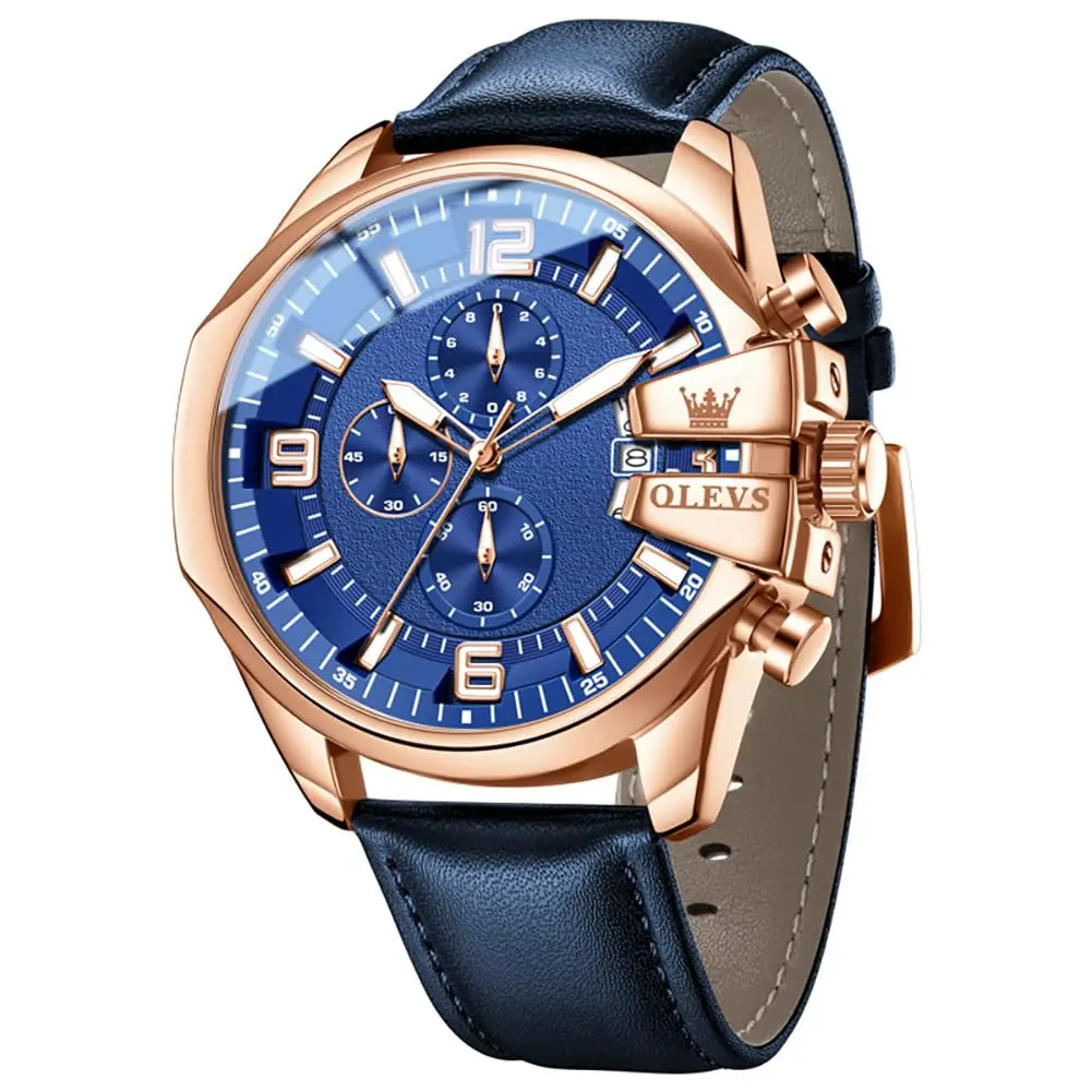OLEVS Men's 47mm Quartz Chronograph Watch, Blue Dial, Blue Leather Strap | Oversized 47mm Dial, Water-Resistant, Classic Style - main product image