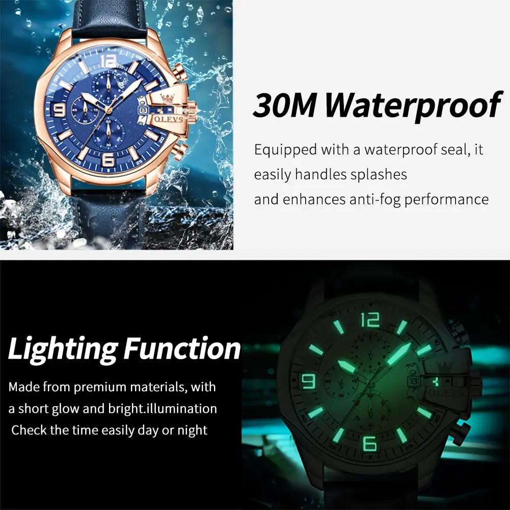 OLEVS Men's 47mm Quartz Chronograph Watch, Blue Dial, Blue Leather Strap | Oversized 47mm Dial, Water-Resistant, Classic Style - view 5