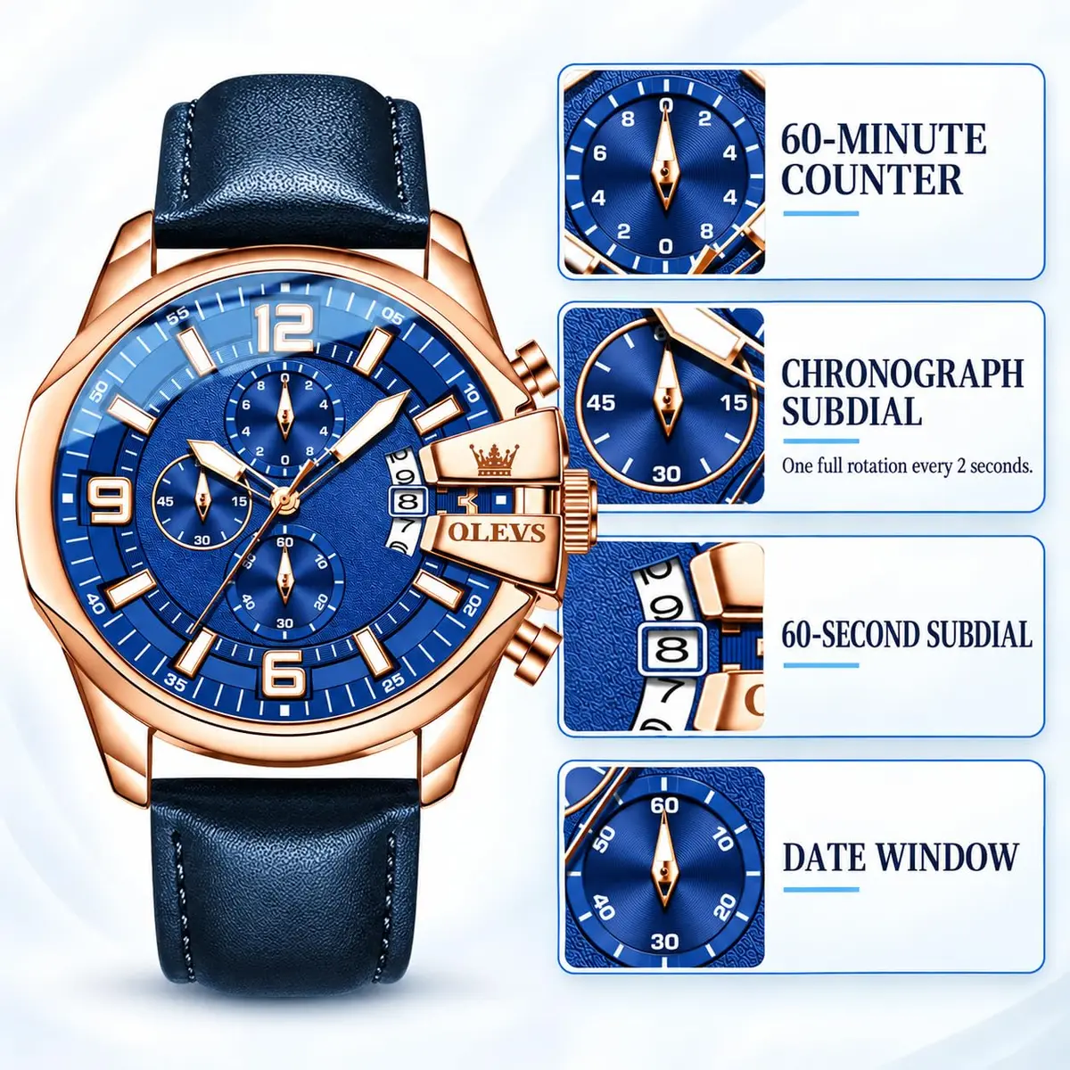 OLEVS Men's 47mm Quartz Chronograph Watch, Blue Dial, Blue Leather Strap | Oversized 47mm Dial, Water-Resistant, Classic Style - view 6