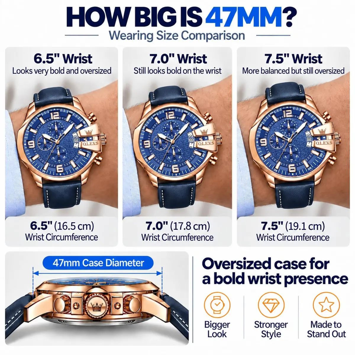 OLEVS Men's 47mm Quartz Chronograph Watch, Blue Dial, Blue Leather Strap | Oversized 47mm Dial, Water-Resistant, Classic Style - view 2