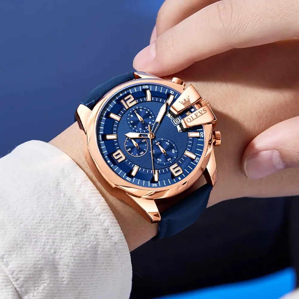 OLEVS Men's 47mm Quartz Chronograph Watch, Blue Dial, Blue Leather Strap | Oversized 47mm Dial, Water-Resistant, Classic Style - view 3