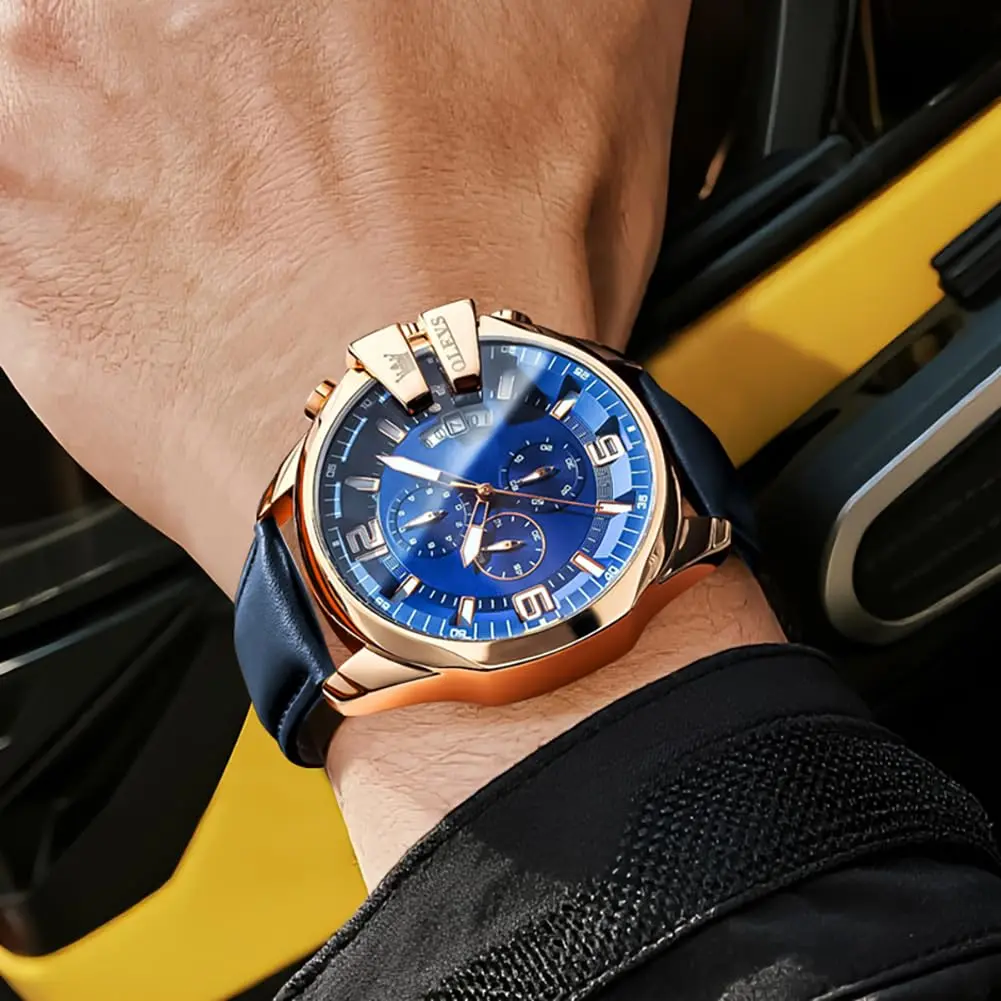 OLEVS Men's 47mm Quartz Chronograph Watch, Blue Dial, Blue Leather Strap | Oversized 47mm Dial, Water-Resistant, Classic Style - view 4