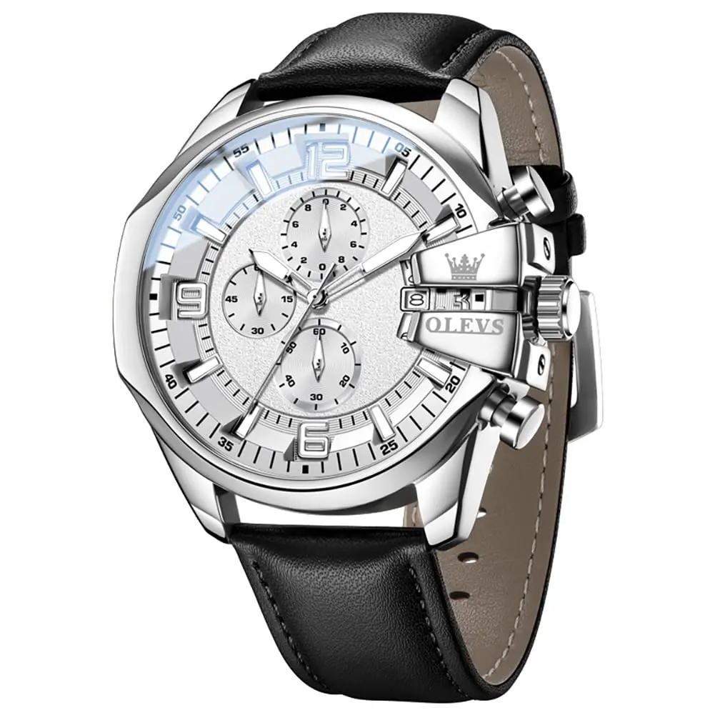 OLEVS Men's 47mm Quartz Chronograph Watch, White Dial, Black Leather Strap | Bold Oversized Design - main product image