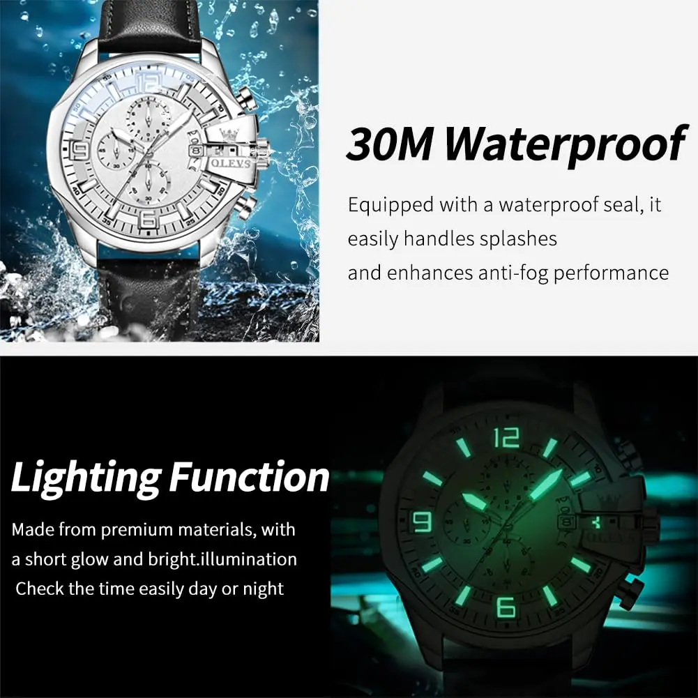 OLEVS Men's 47mm Quartz Chronograph Watch, White Dial, Black Leather Strap | Bold Oversized Design - view 5