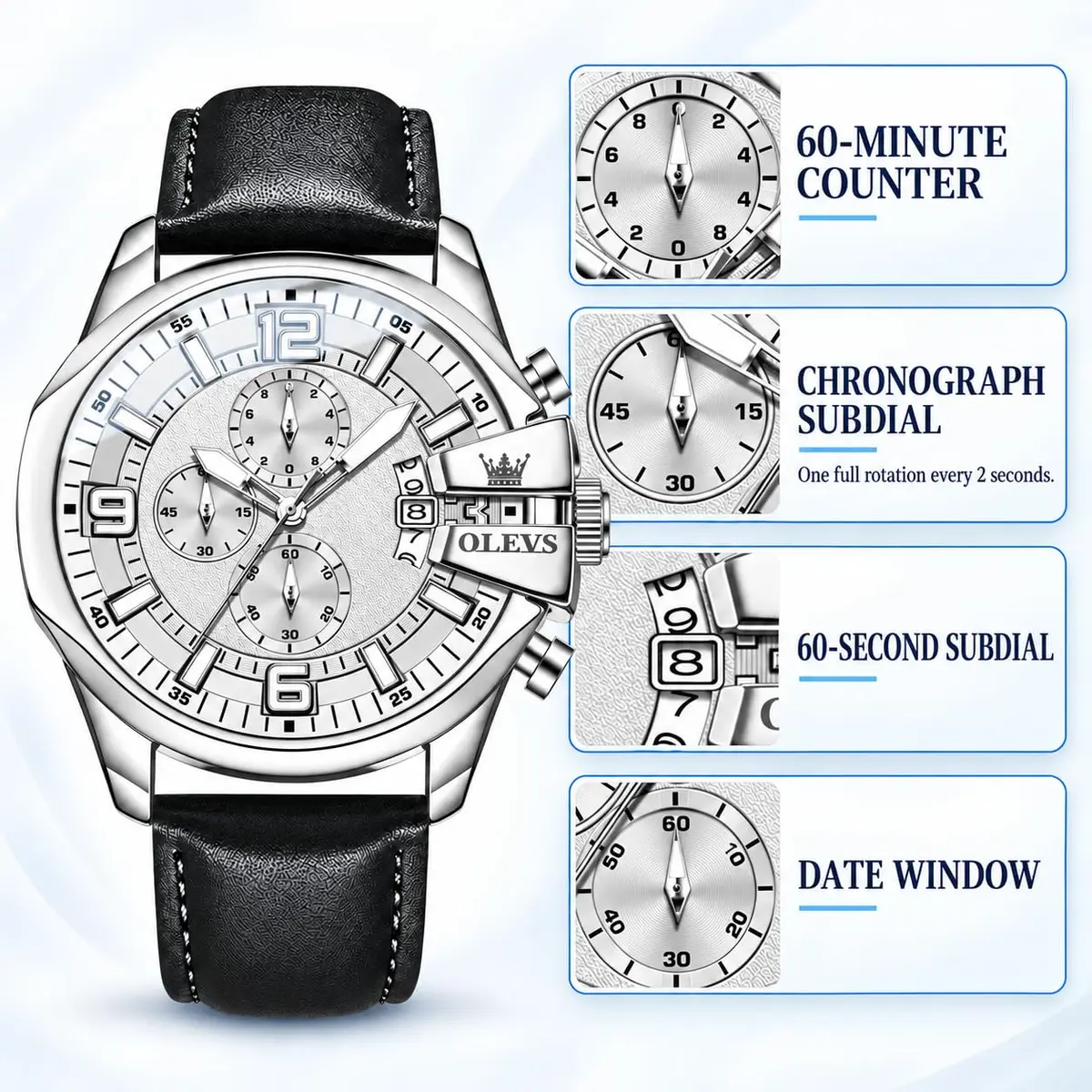 OLEVS Men's 47mm Quartz Chronograph Watch, White Dial, Black Leather Strap | Bold Oversized Design - view 6