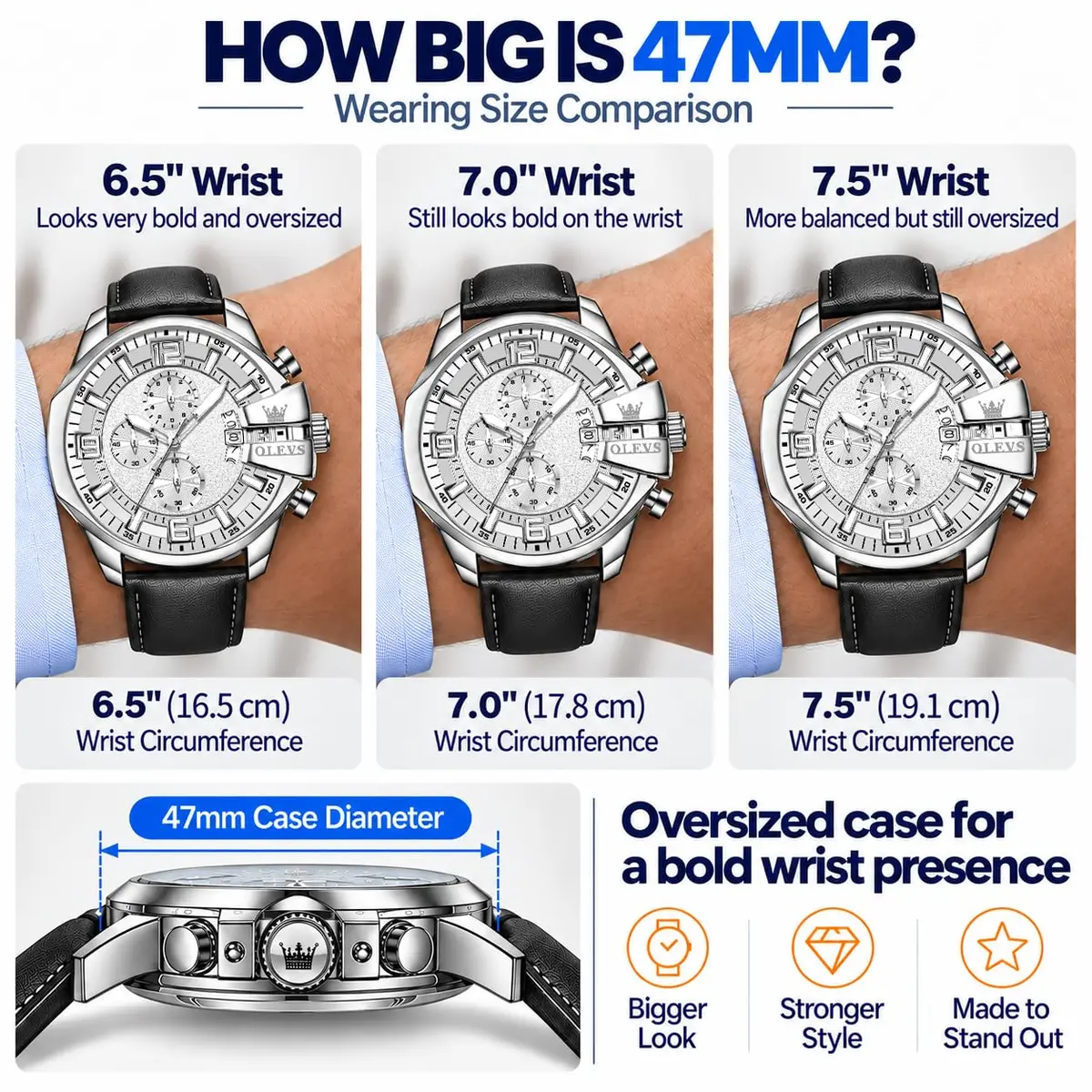 OLEVS Men's 47mm Quartz Chronograph Watch, White Dial, Black Leather Strap | Bold Oversized Design - view 2