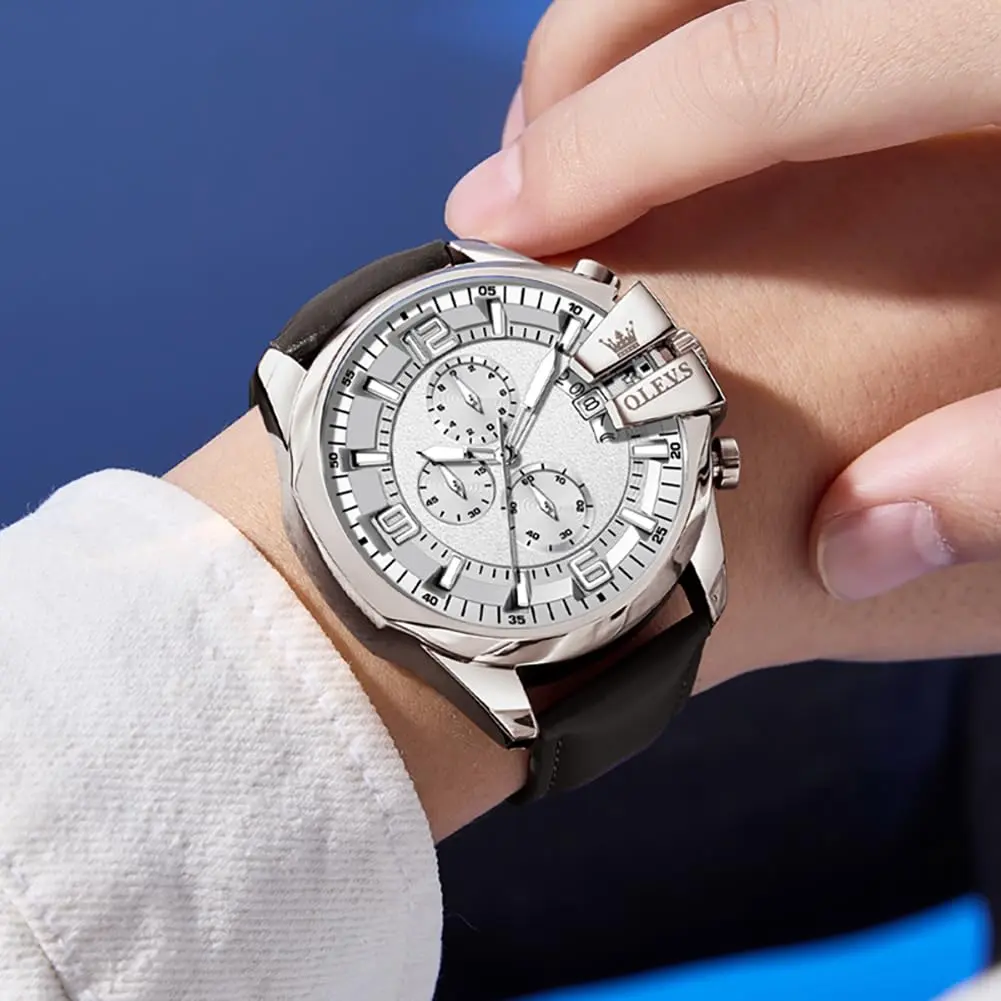 OLEVS Men's 47mm Quartz Chronograph Watch, White Dial, Black Leather Strap | Bold Oversized Design - view 3