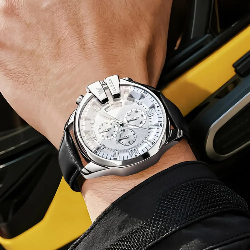 OLEVS Men's 47mm Quartz Chronograph Watch, White Dial, Black Leather Strap | Bold Oversized Design - view 4