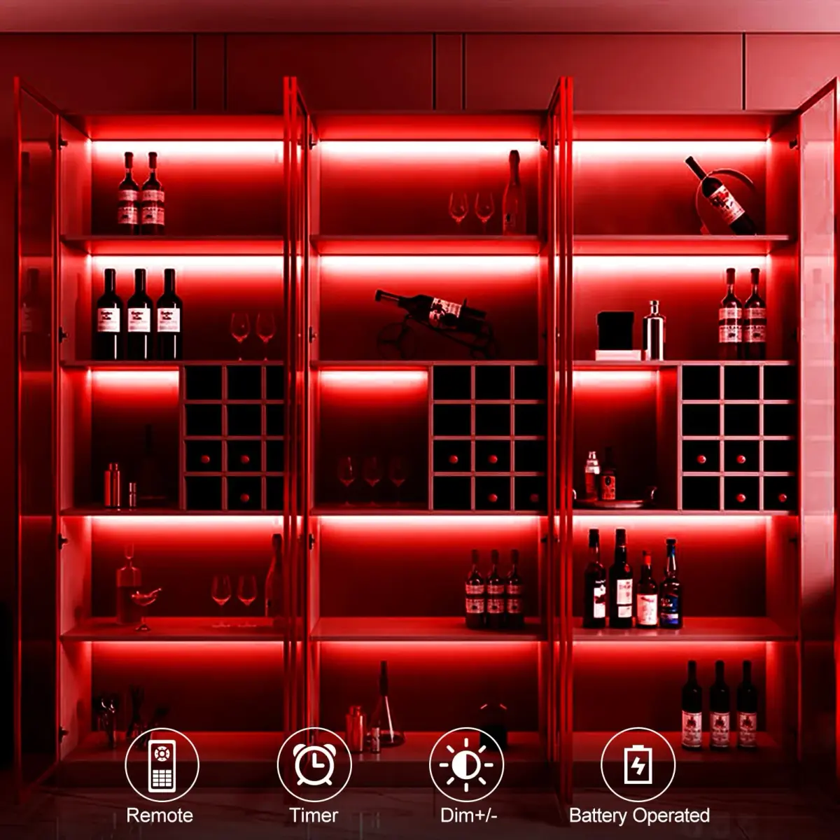 echosari Red LED Strip Lights Battery Operated, 90 LEDs, 9.8ft (3m), Remote Control, Pack of 3 - view 2