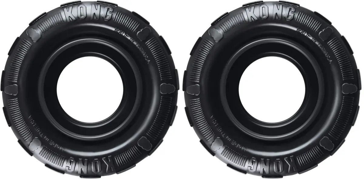 KONG Extreme Tires Dog Toy Most Durable Natural Rubber Chew & Fetch Toy with Treat Dispenser, Pack of 2, 11.4 cm (4.5" x 4.5") - main product image