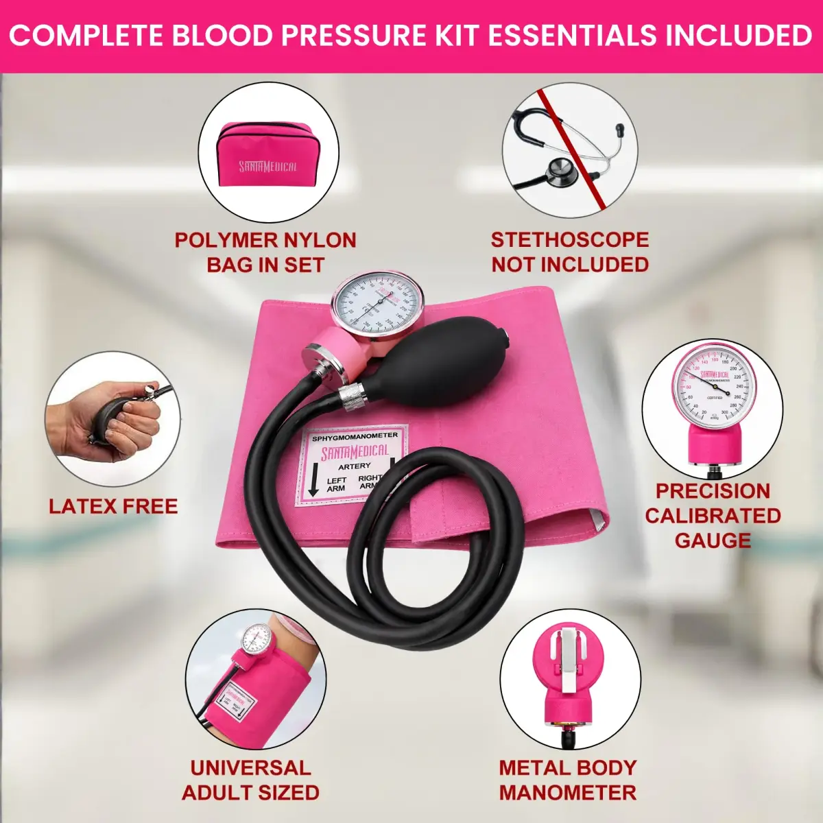 Santamedical Adult Deluxe Aneroid Sphygmomanometer - Pink | Manual BP Cuff with ±3 mmHg Accuracy & Carrying Case - view 5