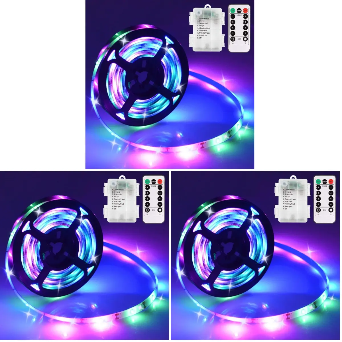 echosari RGB LED Strip Lights 9.8ft (3m) 90LED Battery Operated with Remote (Pack of 3) - main product image