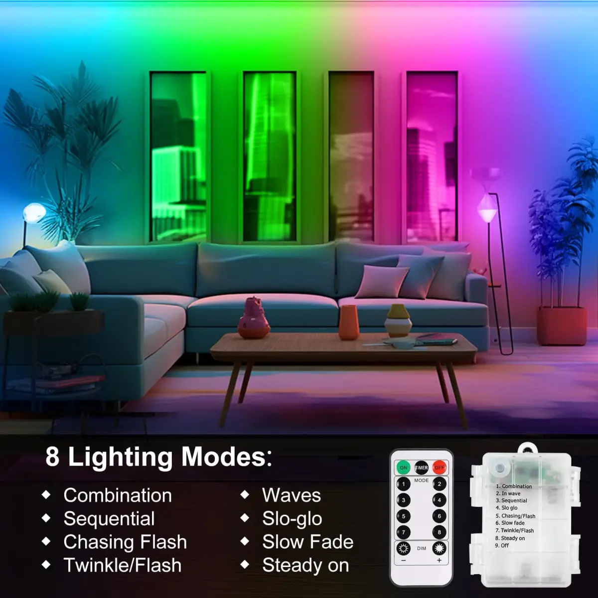 echosari RGB LED Strip Lights 9.8ft (3m) 90LED Battery Operated with Remote (Pack of 3) - view 3