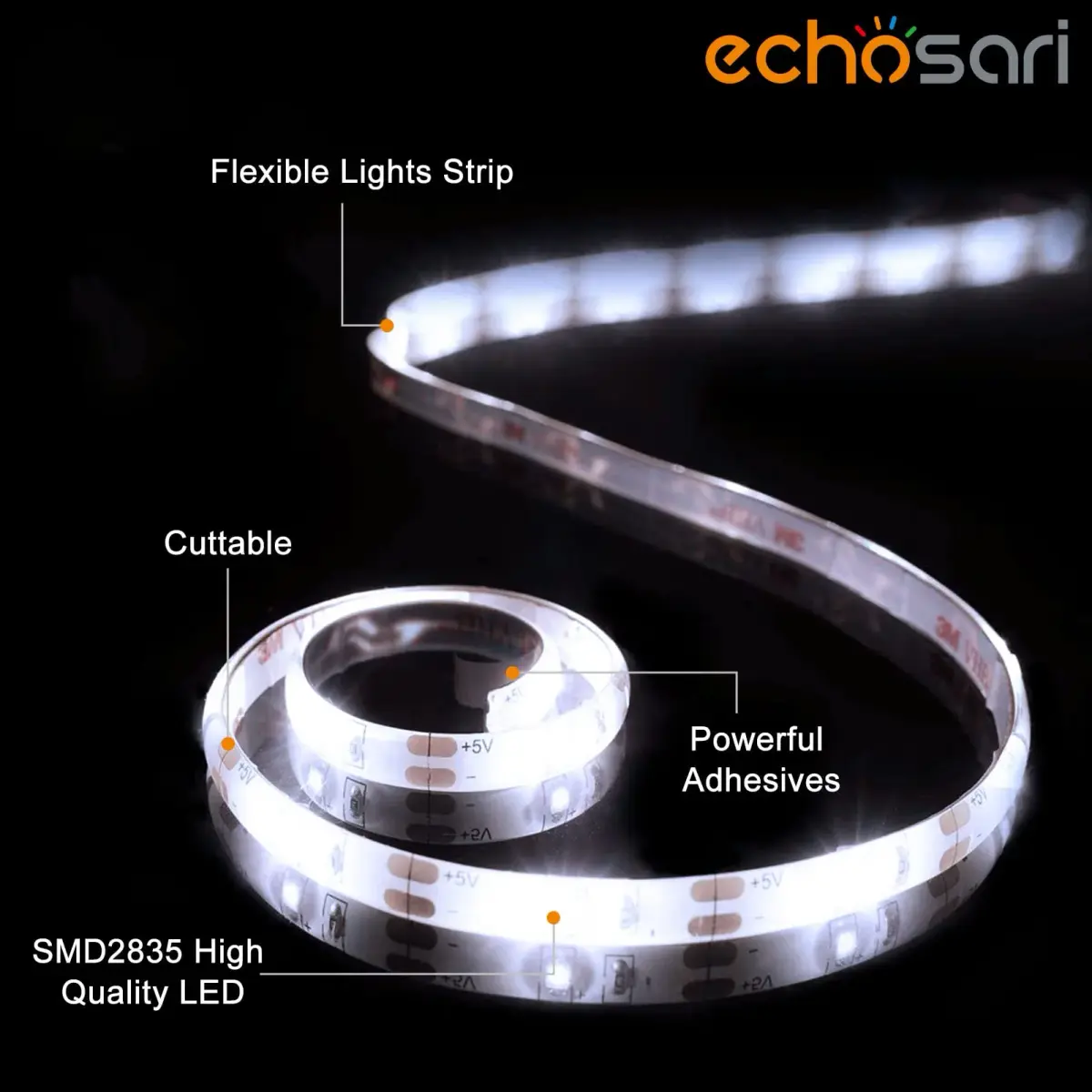 echosari Battery Operated LED Strip Lights White with Remote, 8 Modes, Dimmable, Timer, Self-Adhesive, Cuttable, 9.8ft (3m) 90LED (Pack of 3) | Ambient Lighting for Decor - view 2