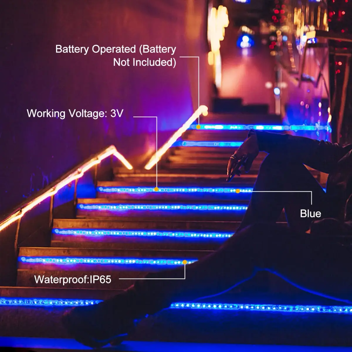 echosari Blue Battery Operated LED Strip Lights, 9.8ft (3m) 90LED, Remote Control, Dimmable, Timer, Pack of 3 - view 3
