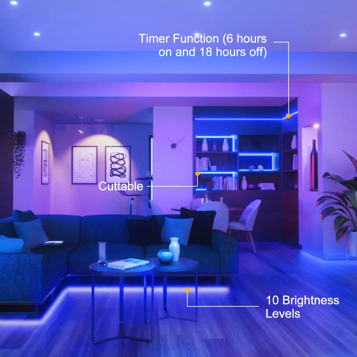 echosari Blue Battery Operated LED Strip Lights, 9.8ft (3m) 90LED, Remote Control, Dimmable, Timer, Pack of 3 - view 4