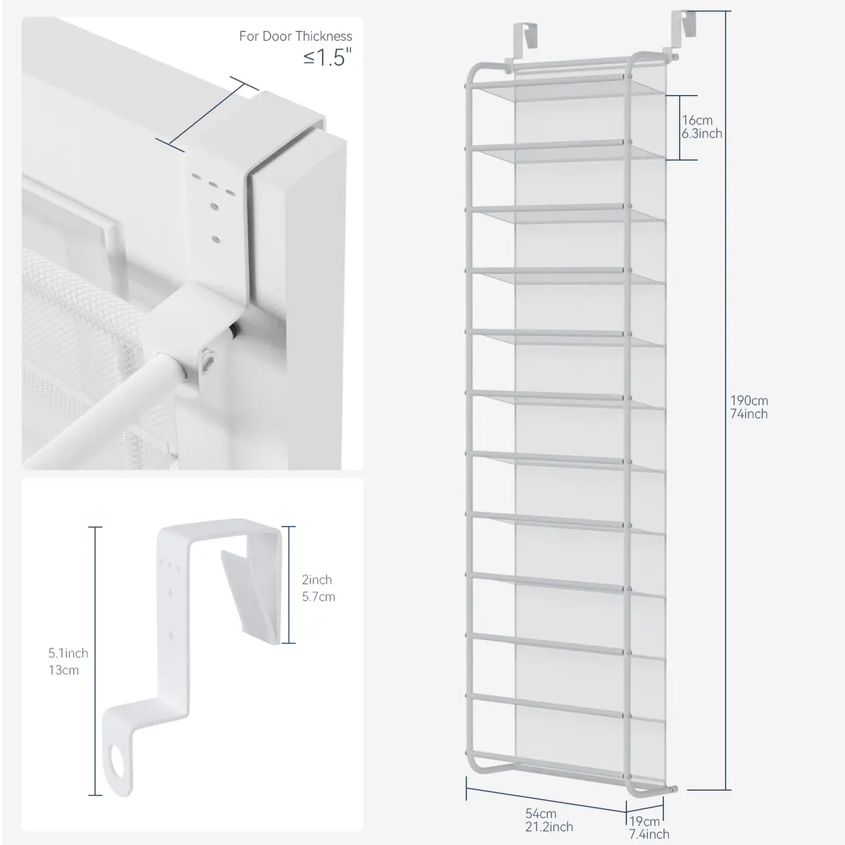 Whitmor 12-Tier Over the Door Shoe Rack, 74" H x 21.7" W x 7.5" D | Holds 36 Pairs of Shoes - view 2