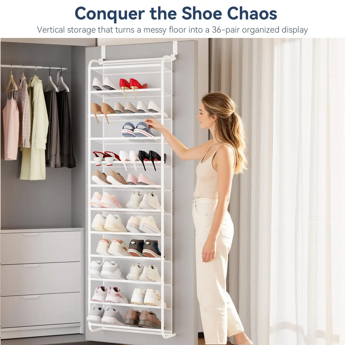 Whitmor 12-Tier Over the Door Shoe Rack 36-Pair Capacity | 183cm H x 55cm W x 19cm D - view 3