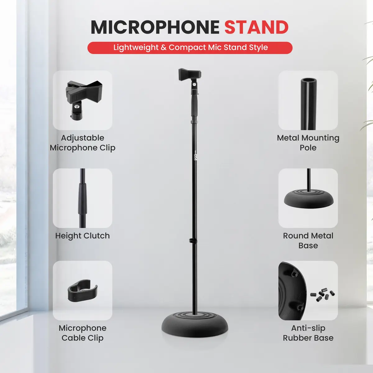 Pyle Universal Microphone Stand - Handheld Mic Compatible, Heavy Base, Adjustable Height 2.8-5 Ft, Pair - view 2