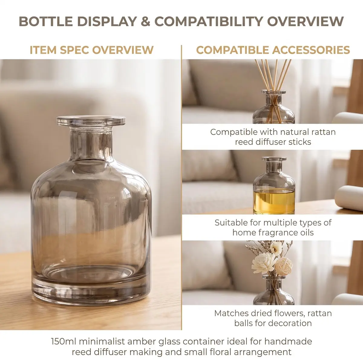 NARAMAX Aromatherapy Diffuser Amber 150ml | Refillable Glass Bottle for Relaxing Fragrance - view 5