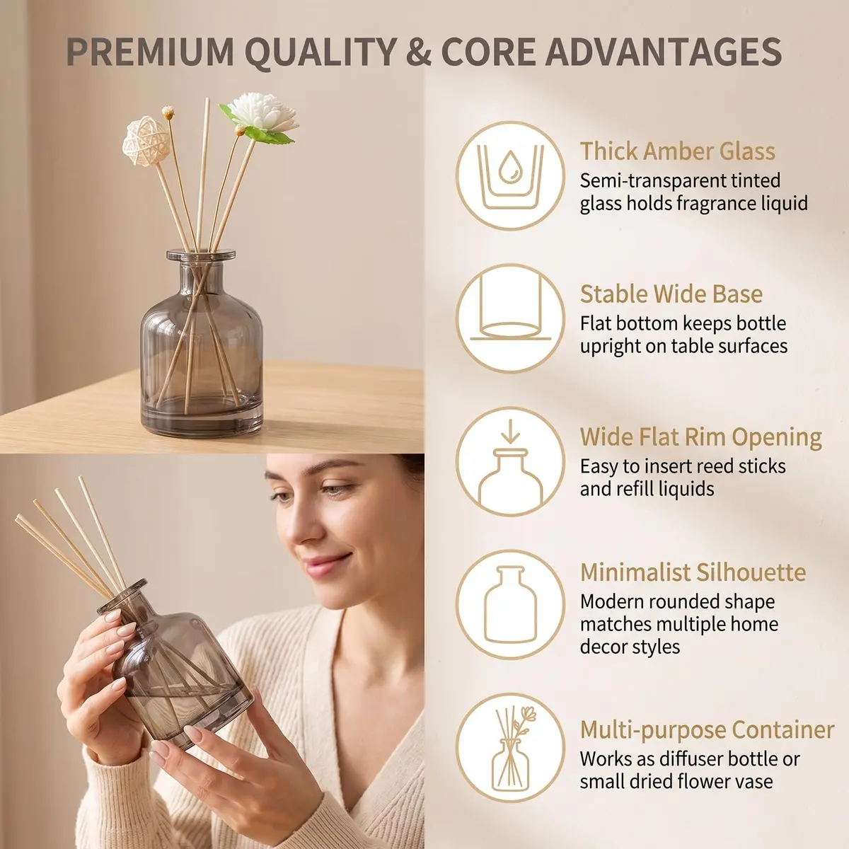NARAMAX Aromatherapy Diffuser Amber 150ml | Refillable Glass Bottle for Relaxing Fragrance - view 6