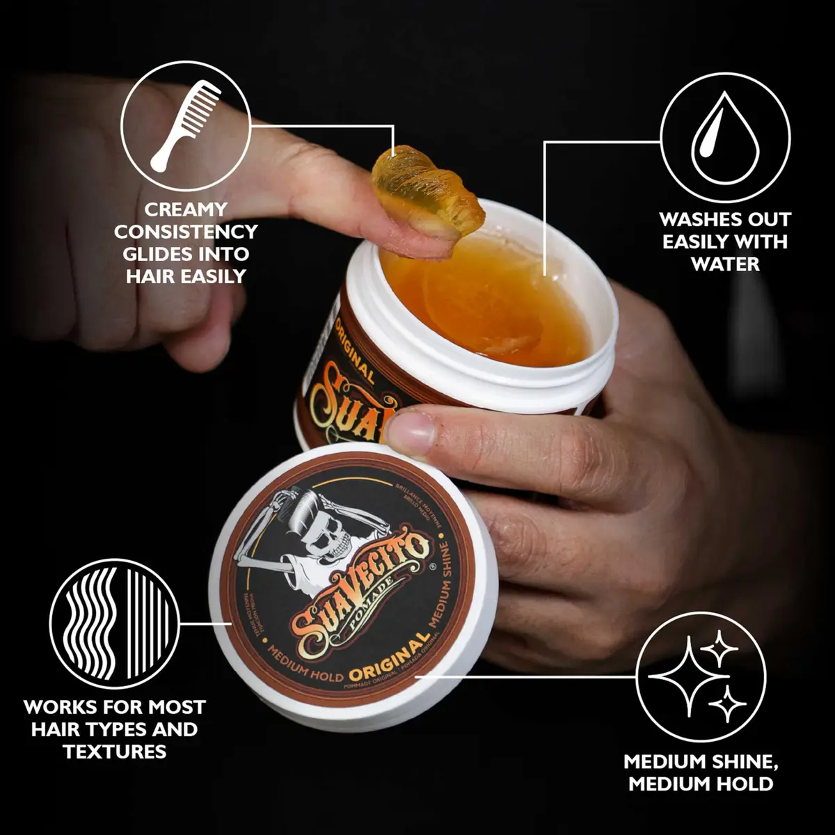 Suavecito Pomade Original Hold 4 oz | Medium Shine, All Hair Types, Water Based, Flake-Free, Easy Wash Out - view 2