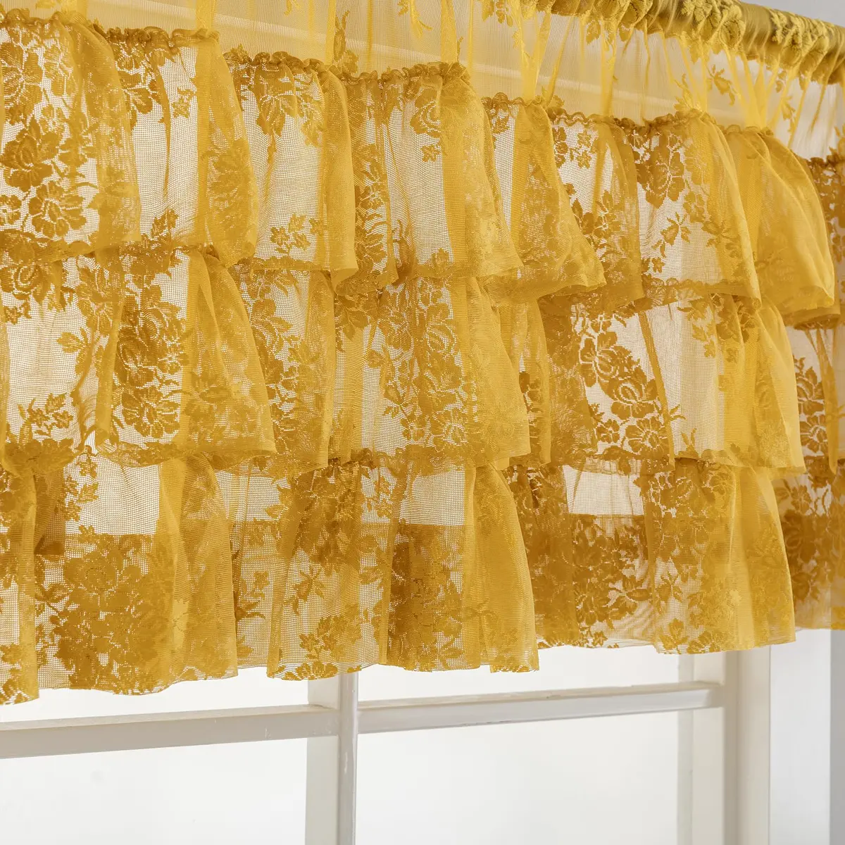 Kotile Mustard Yellow Lace Ruffled Valance for Windows W52xL18 Inch | Vintage Cottage Charm - main product image
