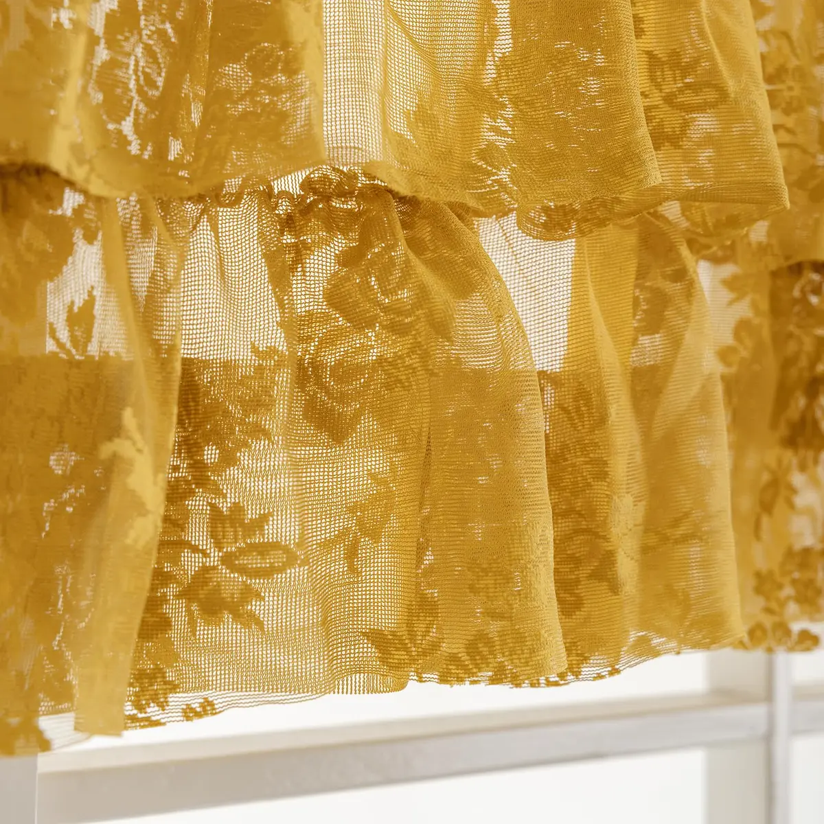 Kotile Mustard Yellow Lace Ruffled Valance for Windows W52xL18 Inch | Vintage Cottage Charm - view 5
