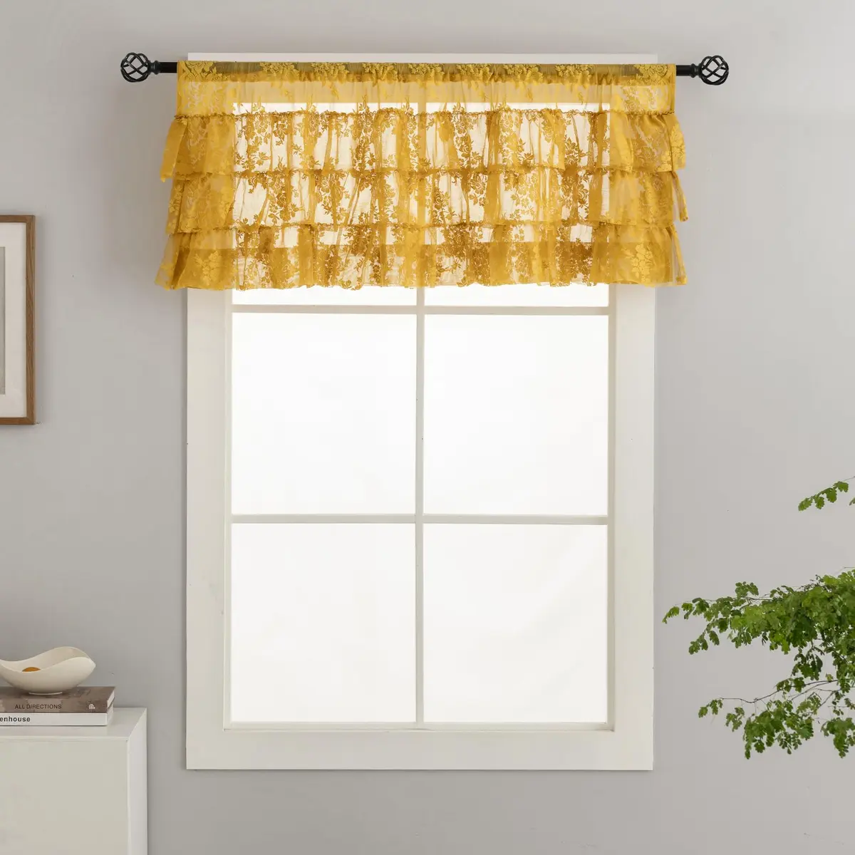 Kotile Mustard Yellow Lace Ruffled Valance for Windows W52xL18 Inch | Vintage Cottage Charm - view 8