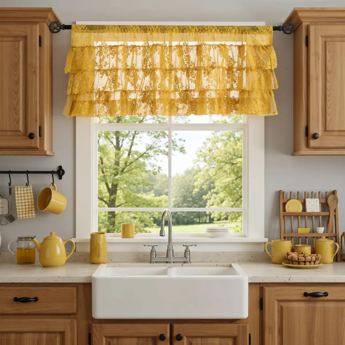 Kotile Mustard Yellow Lace Ruffled Valance for Windows W52xL18 Inch | Vintage Cottage Charm - view 2