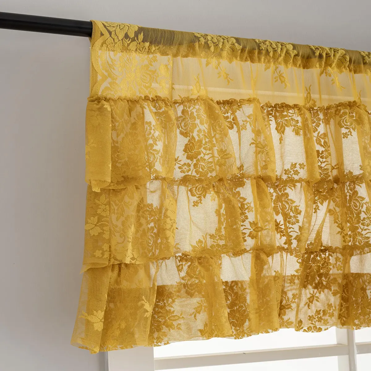 Kotile Mustard Yellow Lace Ruffled Valance for Windows W52xL18 Inch | Vintage Cottage Charm - view 3