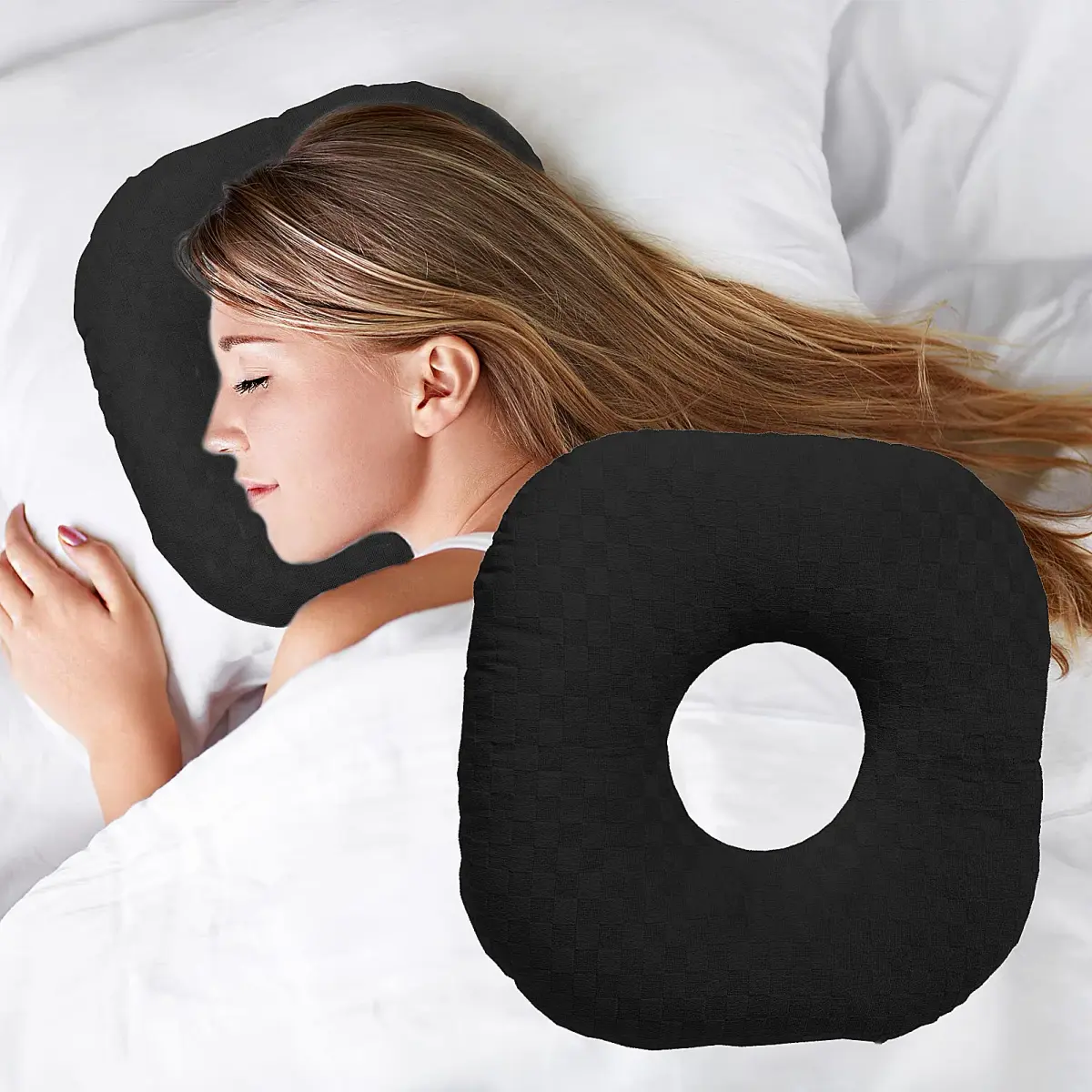 Wuronsa Black Wavy Ear Piercing Pillow with Hole - Comfortable CNH Support for Side Sleepers - main product image