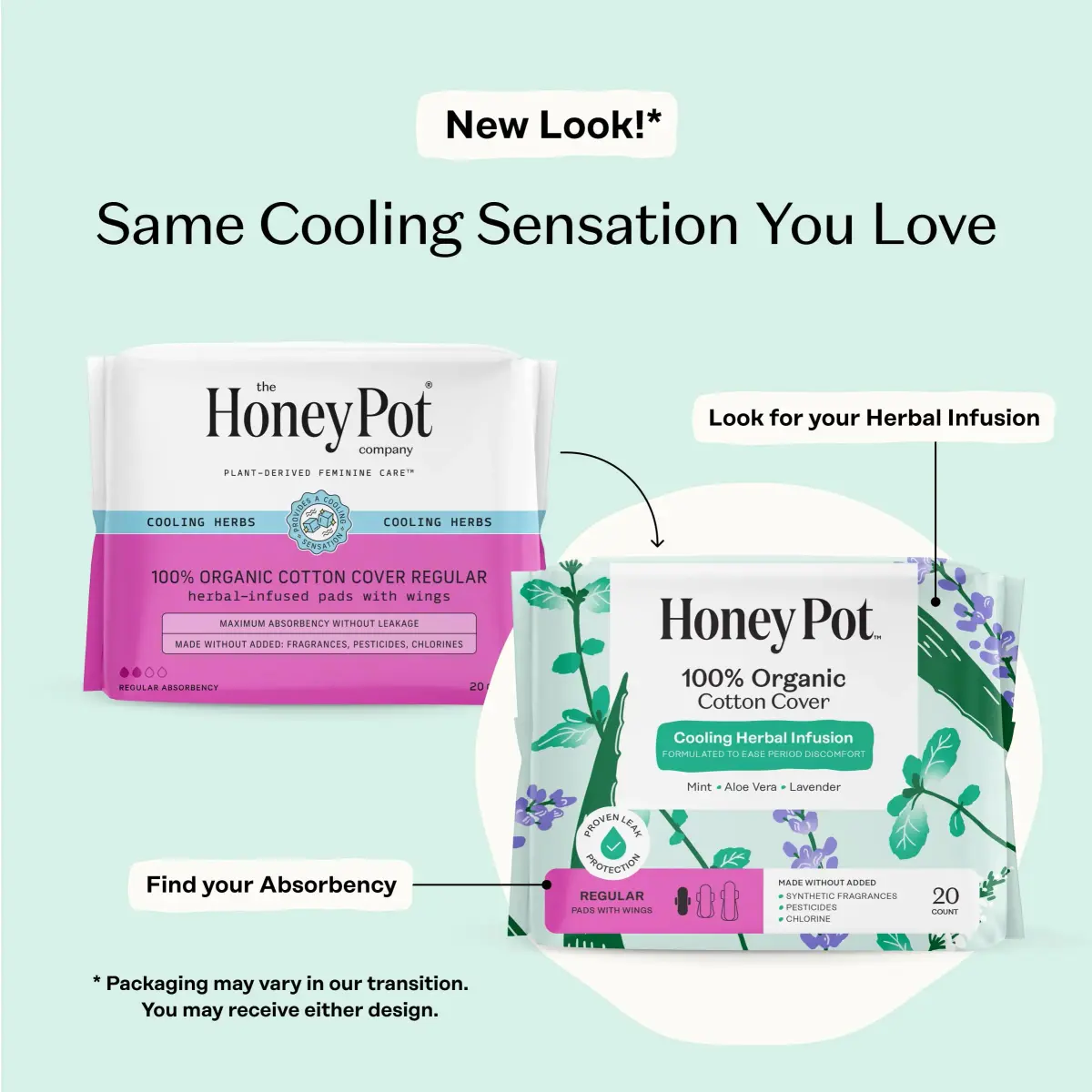 The Honey Pot Company Herbal Sanitary Pads with Wings, Regular Flow 60 Count (20 Count x 3 Packs) | OCS Certified Organic Cotton Cover - view 2