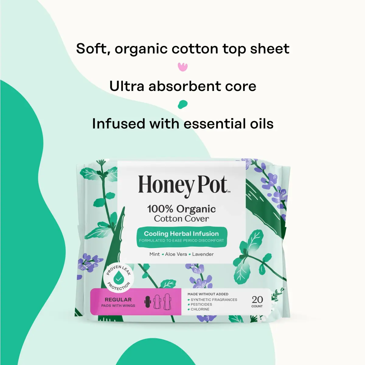 The Honey Pot Company Herbal Sanitary Pads with Wings, Regular Flow 60 Count (20 Count x 3 Packs) | OCS Certified Organic Cotton Cover - view 4