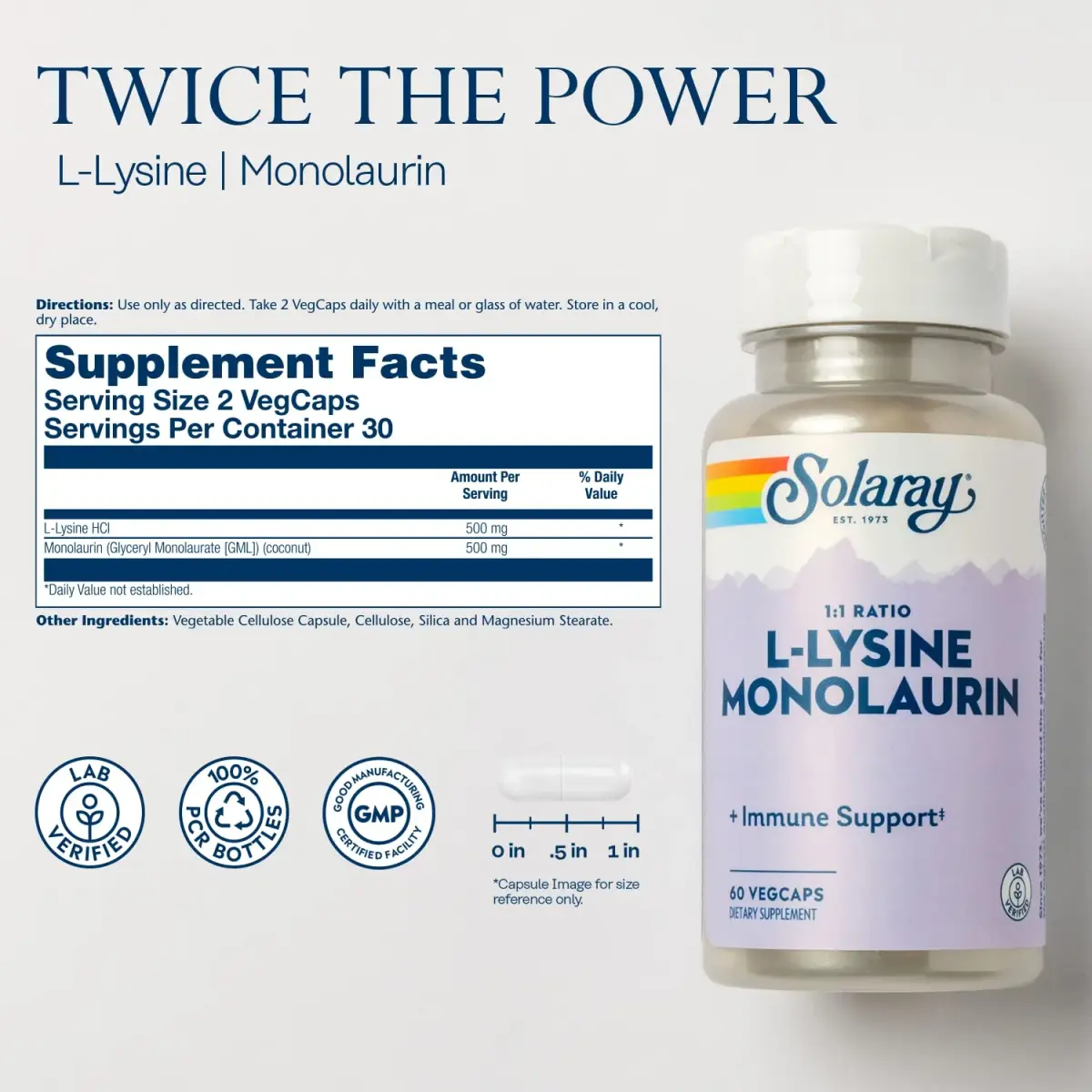SOLARAY L-Lysine Monolaurin Immune Support Supplement 500 mg Each, 180 VegCaps (Pack of 3) | Immune System Support - view 2