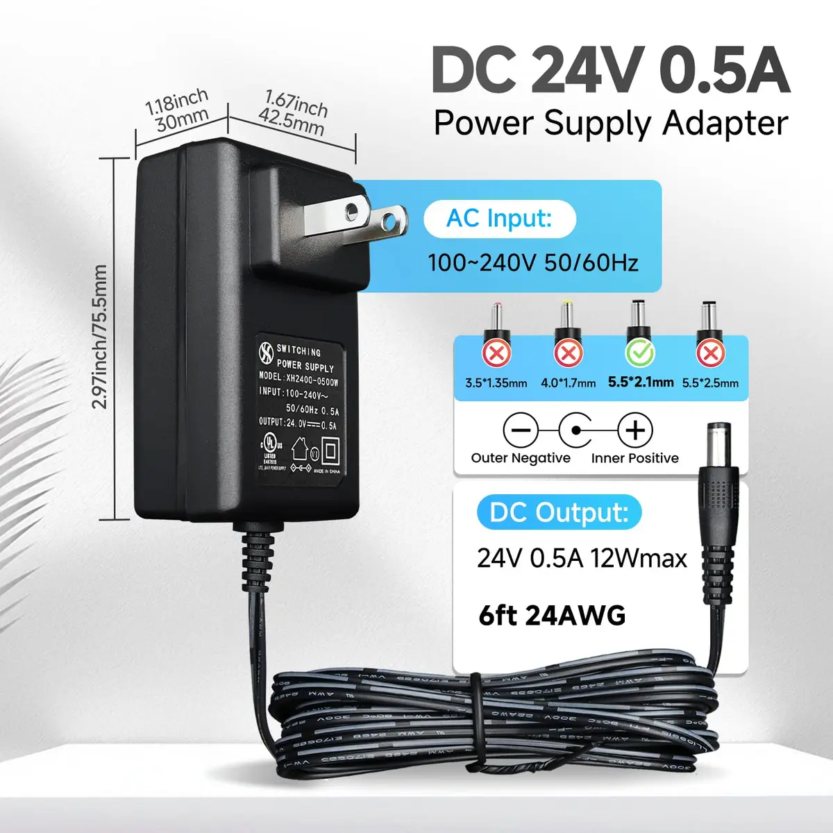 ANLINK 24V Power Supply Adapter 0.5A | UL Listed, 12W, 6ft Cord for Diffusers & Humidifiers - view 2