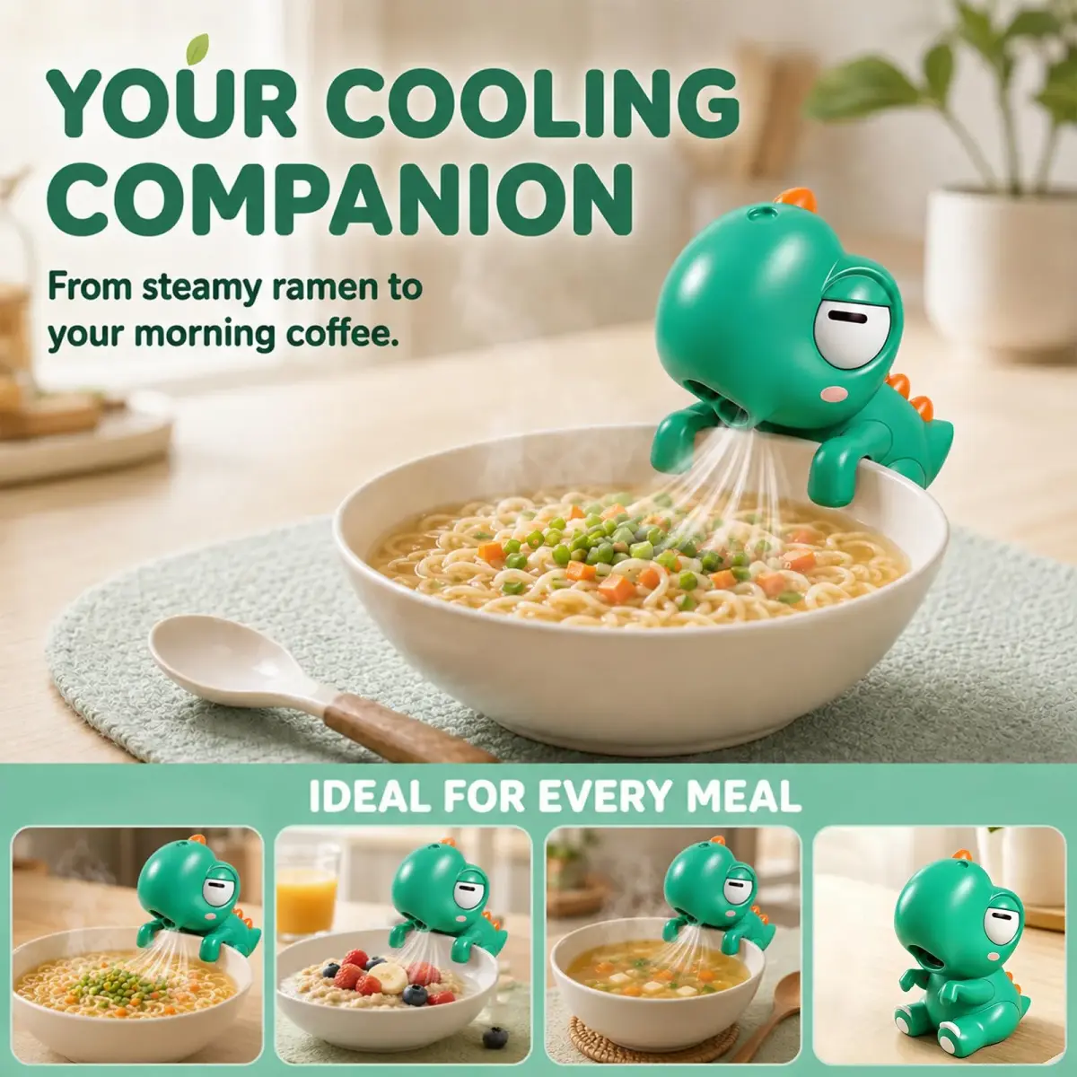 Generic Cute Dinosaur Mini Food Cooling Fan with Clip, USB-C Rechargeable, Green | 1 Unit - view 5